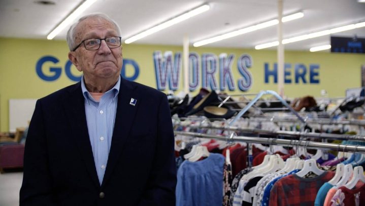 edgar ned Helms stands in a Goodwill store in Concord NH