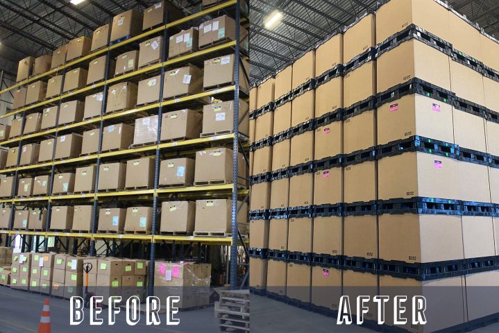 A before and after of a warehouse. In one photo boxes are piled up in metal racks, in the newer one they neatly stacked with LEGO