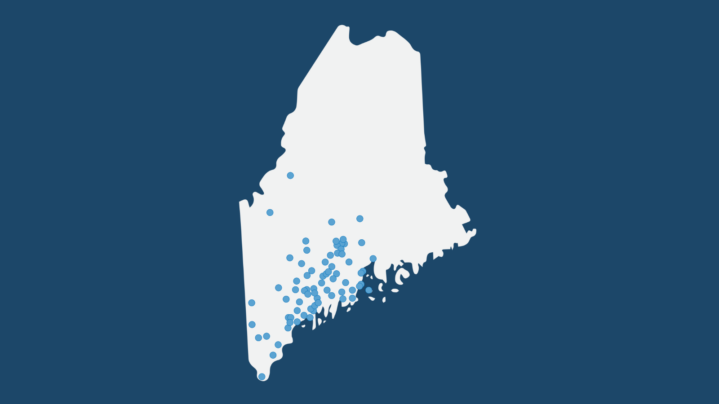 The State of Maine with blue dots showing the locations of schools in Maine that participate in Goodwill's Bootcamp, a work readiness program. 