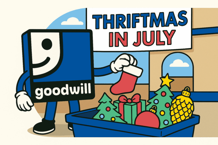 a graphic of Goodwill's mascot shopping for holiday decorations at the Thriftmas In July event