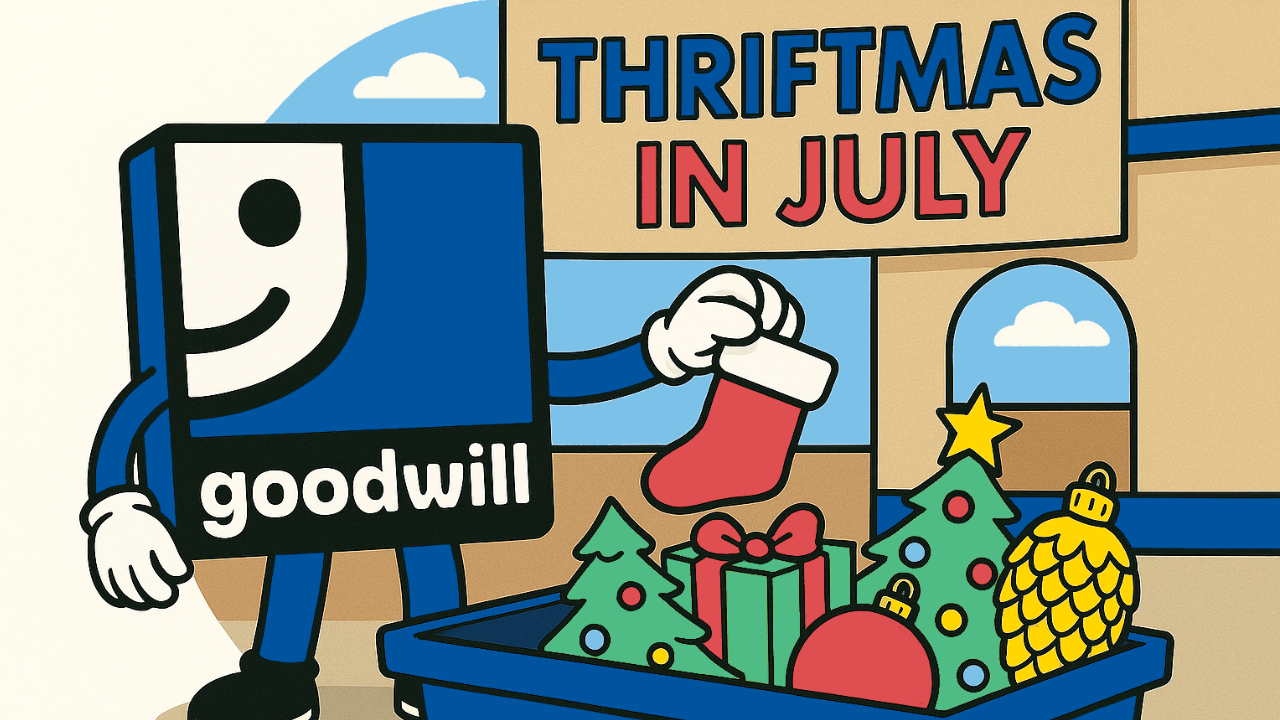 a graphic of Goodwill's mascot shopping for holiday decorations at the Thriftmas In July event