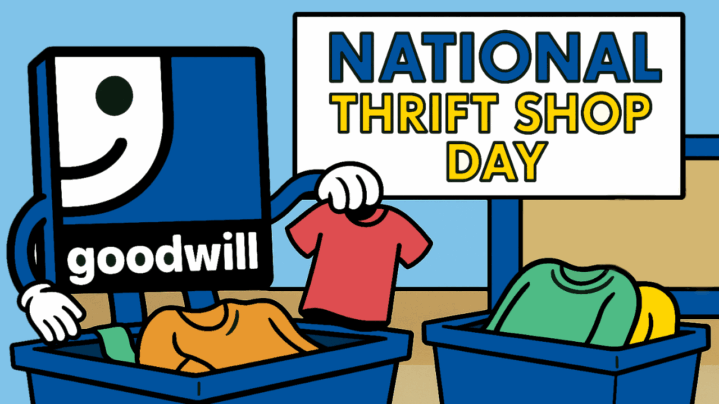 Goodwill's mascot Puffy G shops for clothes at the Goodwill Outlet on National Thrift Shop Day