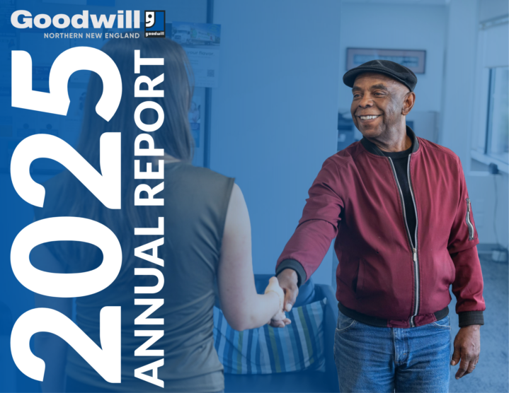 A man and a woman shaking hands on the cover of the 2025 Goodwill Northern New England Annual Report